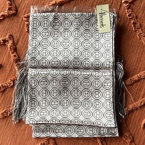 Harrods Silver and White Monogram Fringe Scarf